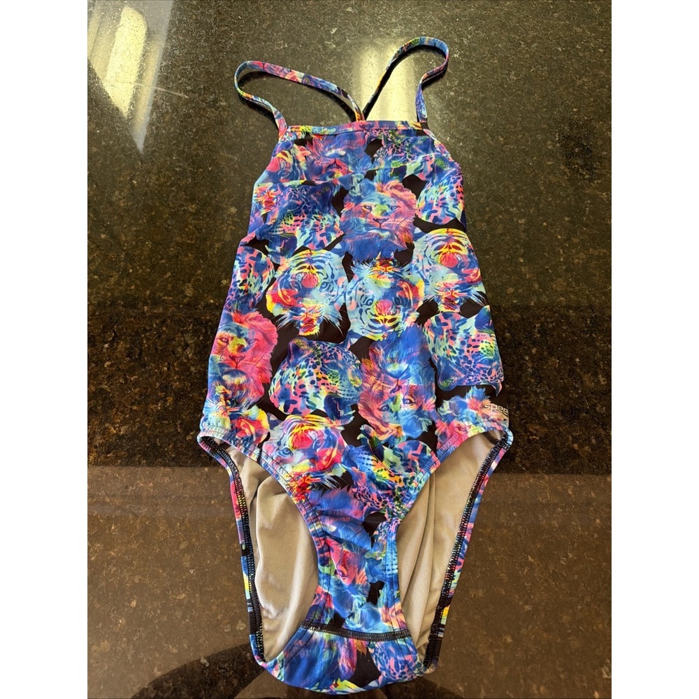 Speedo Swimsuit One Piece Women's Sz 34 Rainbow Tiger Face Print Swim Team
